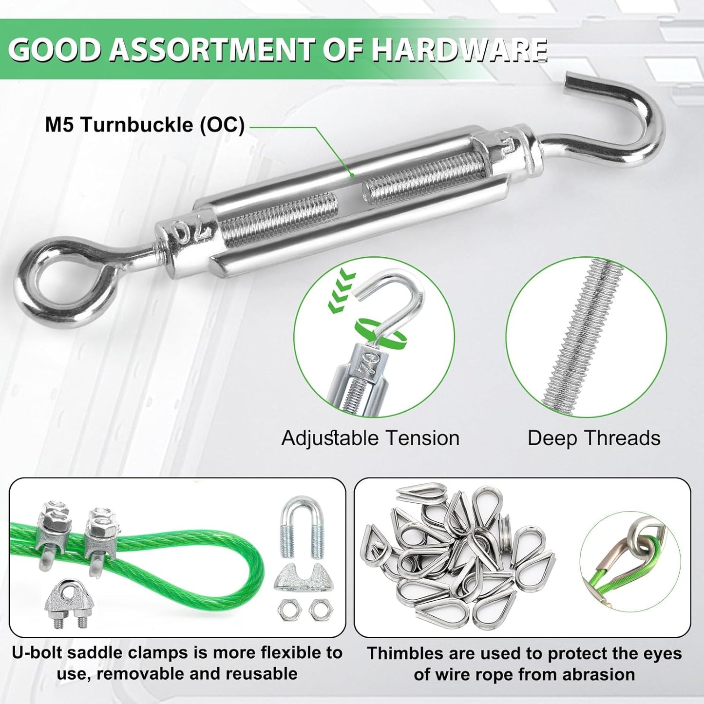 100 Ft Turnbuckles for Cables Wire, 3/16" Green PVC Coated Wire Rope Kit, Multi-use Steel Cable for Grape Vines/Clothes Line Outdoors for T Post/String Light Hanging/Garden Wire