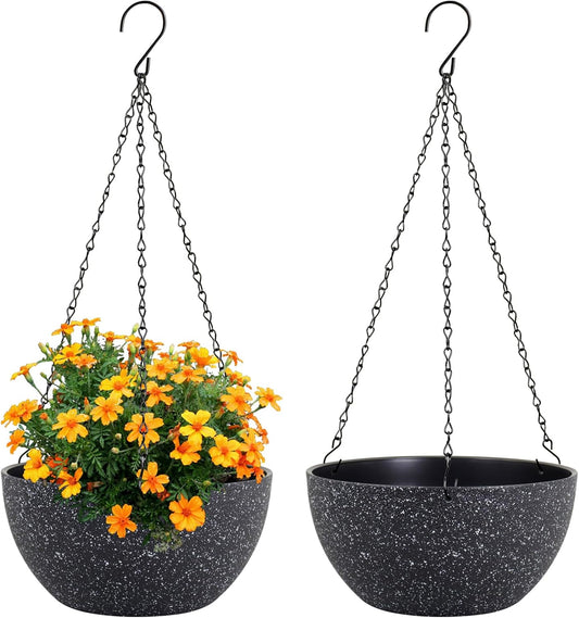 10 inch Hanging Planters for Indoor Outdoor Plants, 2 Pack Hanging Flower Plant Pots with Drainage Holes and Chain for Garden Porch, Plastic Hanging Baskets for House Plants, Speckled Black