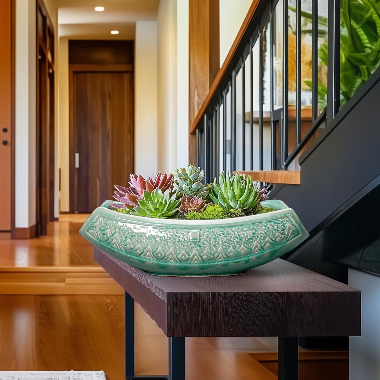 Bonsai Tree Pot - 18 Inch Ceramic Succulent Pots for Indoor Outdoor, Large Bonsai Planter with Drainage Hole, Ceramic Flower Pot, Decorative Planter, Gifts for Plant Lovers, Room Decor, Green