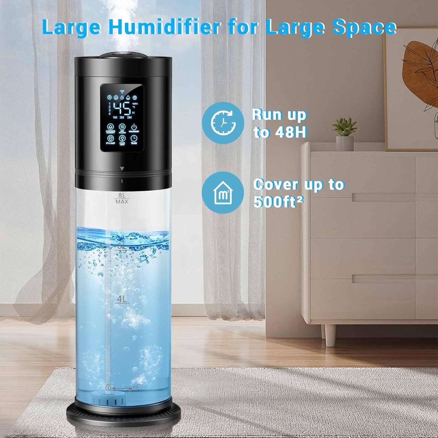 8L Humidifiers for Bedroom Large Room, 4 Levels Cool Mist Humidifier with Clear Tank, 7 Color Lights Essential Oil Diffuser with 16H Timer, Top Fill Humidifier for Home Plants Office
