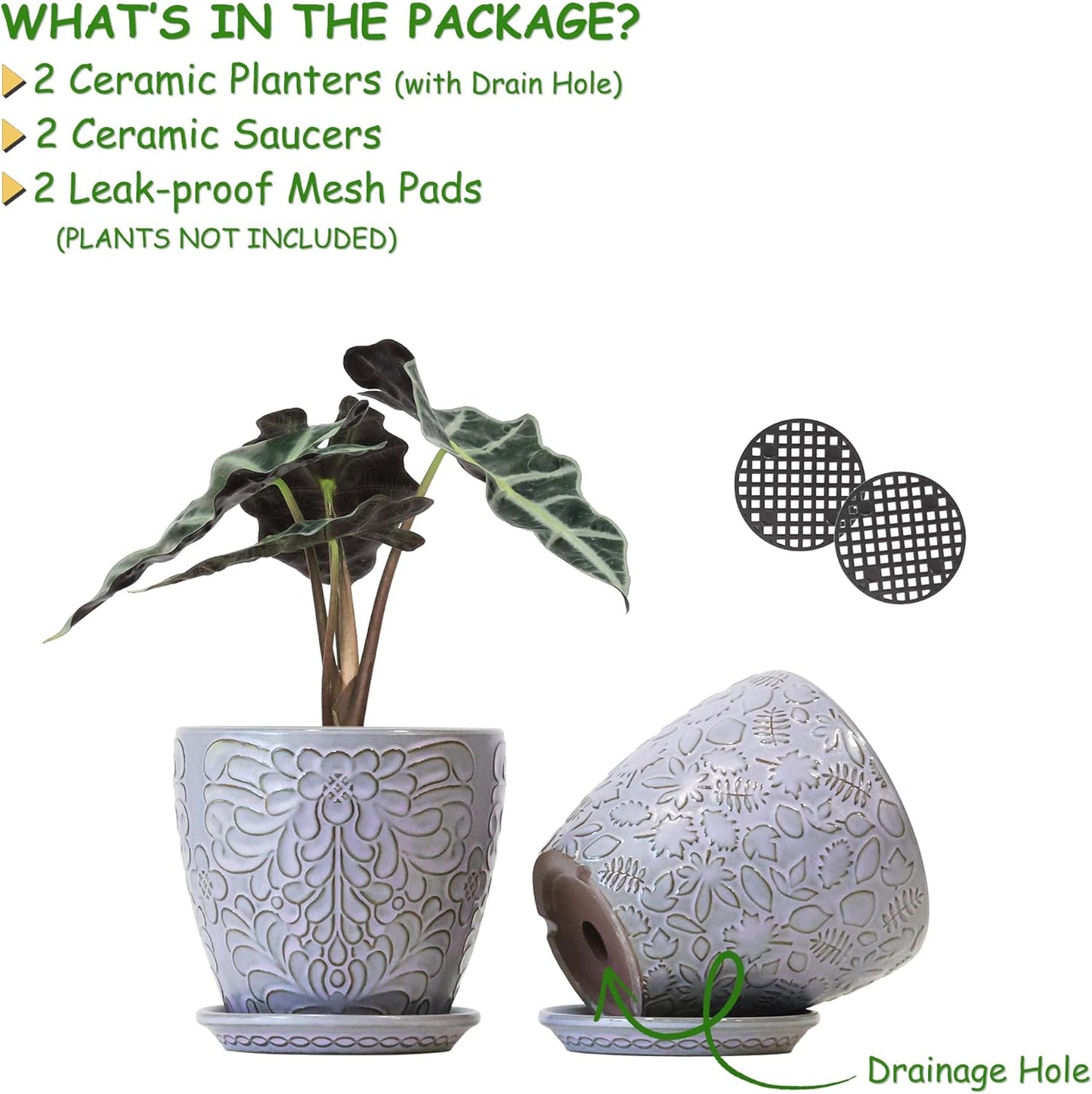 6 Inch Retro Ceramic Planter Set of 2 with Drainage Hole and Saucer for Plants, Indoor-Outdoor Garden Pots for Succulents, Orchids, and Flowers (Fits Inner Pots Up to 5 Inches, Light Blue)