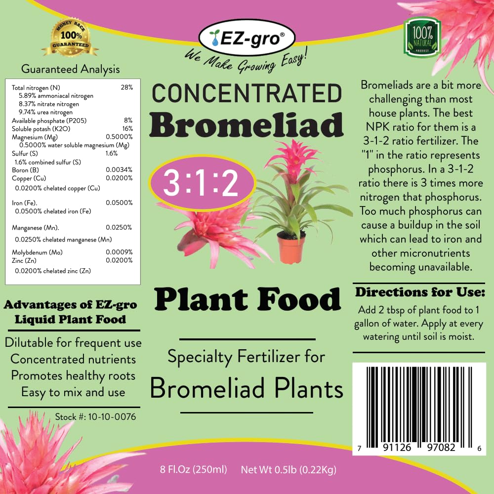Professional Liquid Bromeliad Fertilizer by EZ-gro | 3:1:2 Ratio of Concentrate Indoor Plant Fertilizer for Your Bromeliads Live Plant | 8 oz Bottle