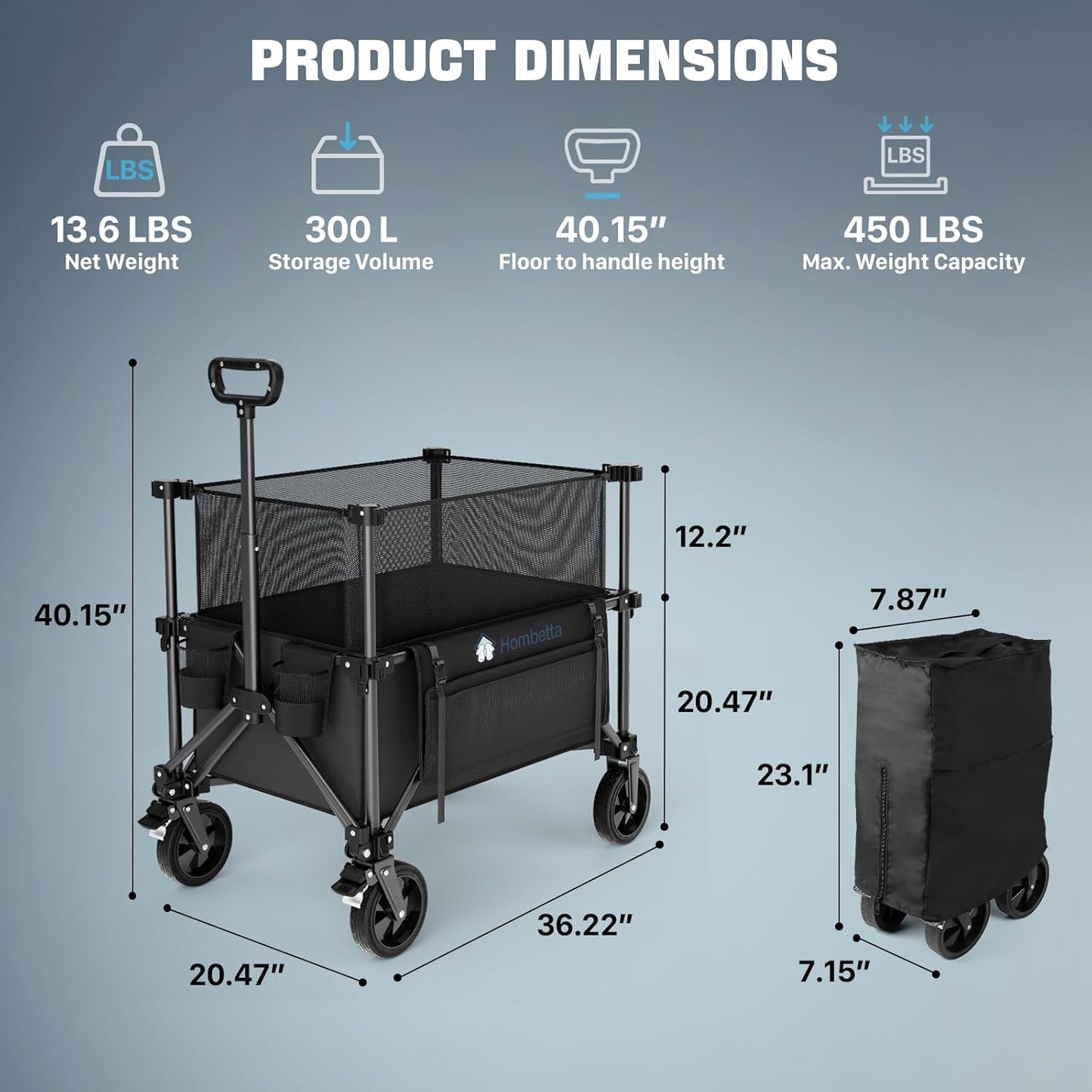 Folding Wagon Cart Foldable with Wheels, Adjustable Decker 150L-300L Capacity, All-Terrain Wheels & Brake, 450LBS Heavy Duty Collapsible Wagon for Beach, Camping, Outdoor