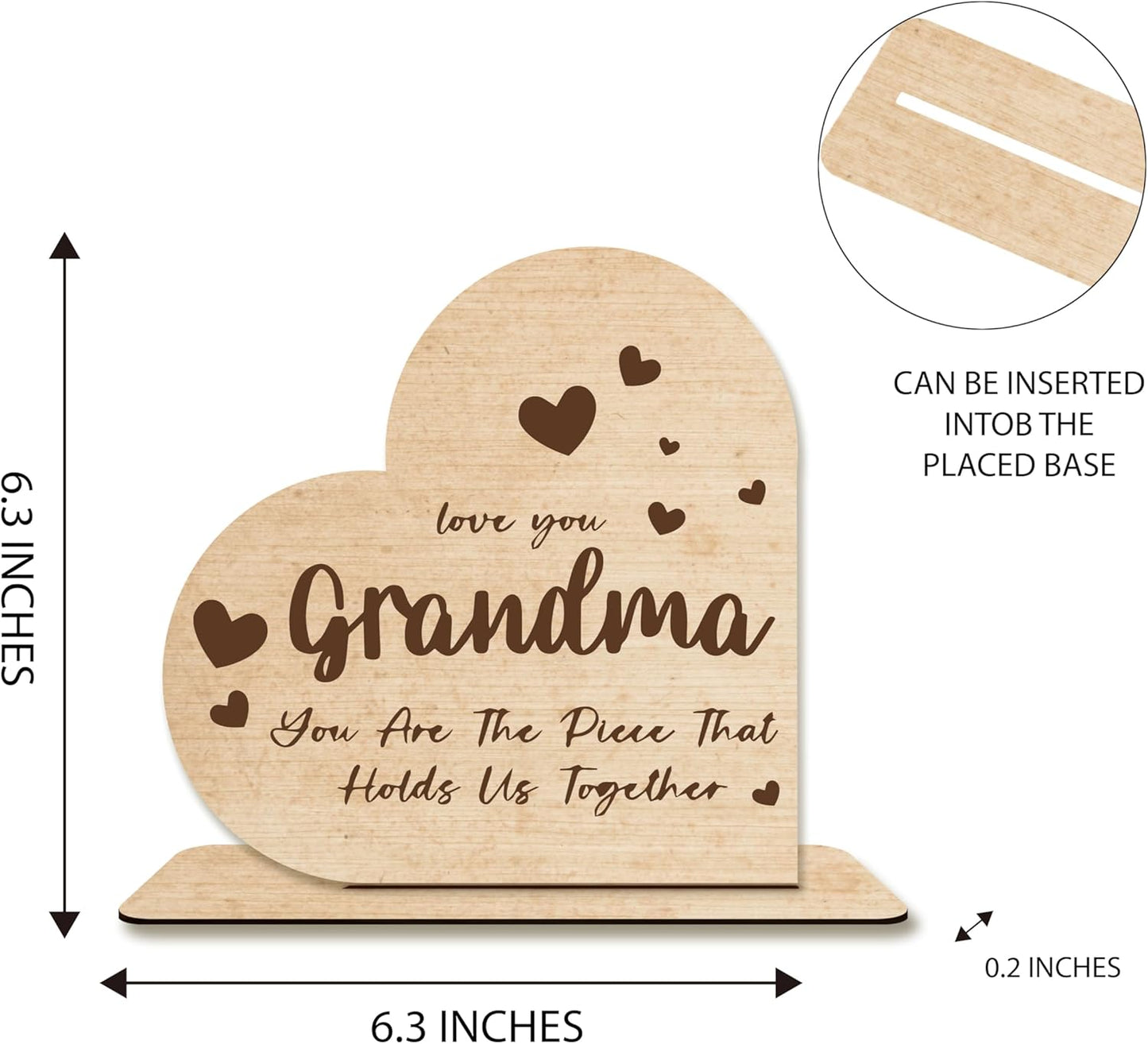 Grandma Gift – “You Are The Piece That Holds Us Together” Heart-Shaped Wooden Plaque, Rustic Desk Decor, Sentimental Wooden Sign for Grandmother.(055)