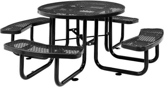 Global Industrial 46" Round Picnic Table, Expanded Metal, Black Thermoplastic Coating, Attached Benches, 1-1/2” Umbrella Pole Hole, Outdoor-Rated, 1000 lb Capacity