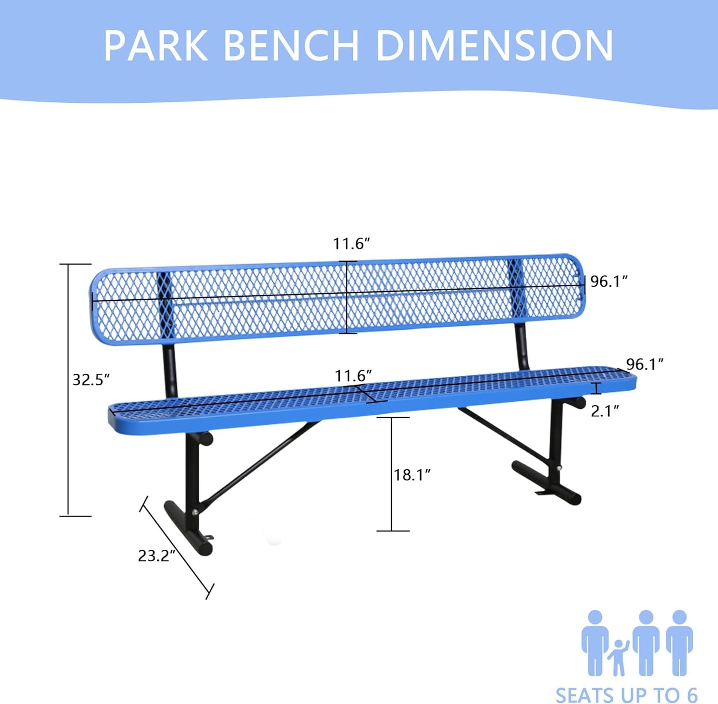 4/6/8 Feet Park Bench for Outside Heavy Duty Metal, Garden Benches Outdoor Bench with Backrest & Portable Frame, for Shopping Malls Stores Parks Patios Decks, Blue