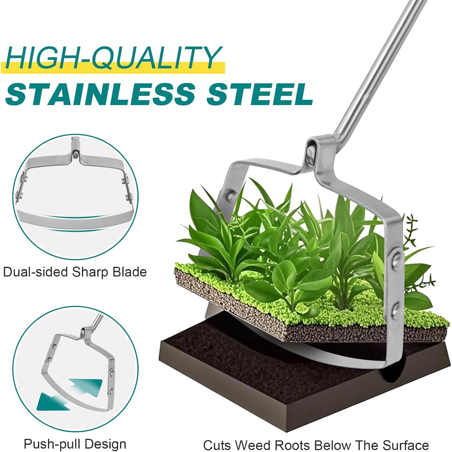 Berry&Bird Mini Hula Hoe for Weeding 17.3''Stirrup Hoe Stainless Steel Weed Puller Tool Gardening Action Scuffle Loop Hoes Garden Tools with Wooden Hand Weeder Cultivator Cutting Roots Loosening Soil