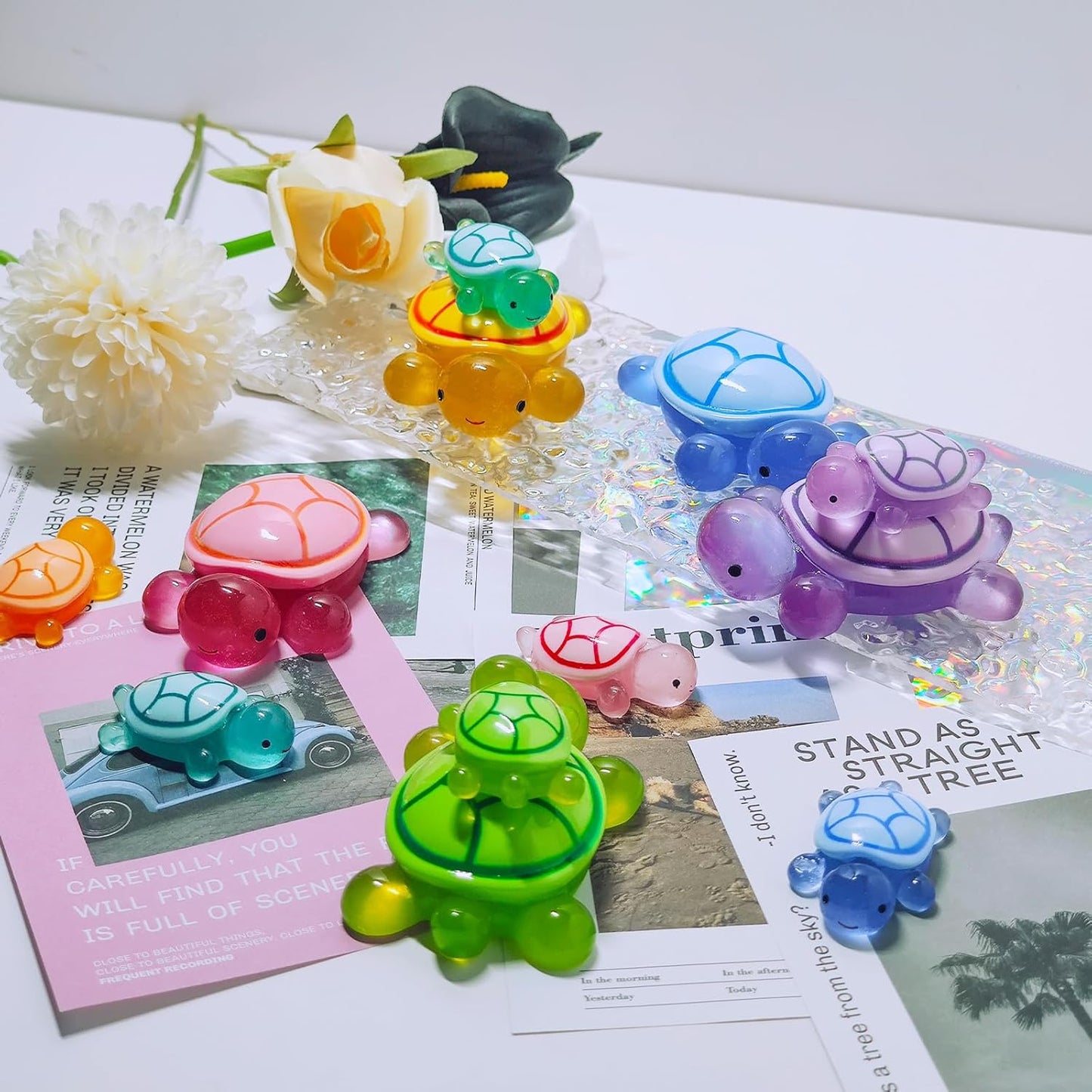 5 Pcs Large Glow in The Dark 3D Resin Turtles Miniature Garden Figurines,Accessories for Decorating DIY Dollhouse Fish Tank Fridge Wall Art, Safe, Durable, Non Fading 5 Colors