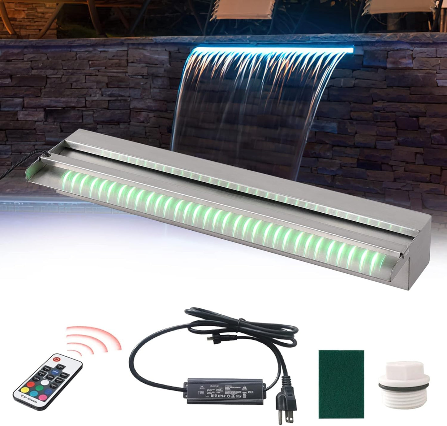 24" Water Pool Fountain 304 Stainless Steel Lighted Pool Waterfall Spillway with Wider Water Flow Platform, Multi-Color LED Strip Light with Remote Control for Indoor, Garden, Outdoor Decoration