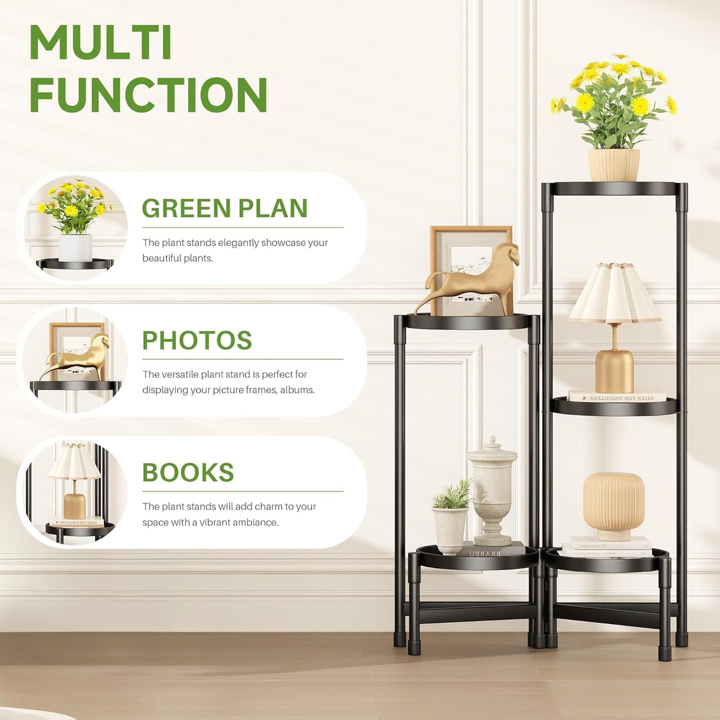 5 Tier Metal Plant Stand Indoor, Foldable Corner Plant Stands Outdoor, Rotatable Tiered Plant Stand, 31 Inch Tall Plant Shelf for Patio Living Room Balcony Garden Home - Black