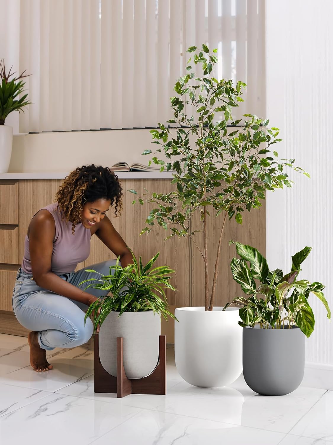 LE TAUCI 12 Inch Pots for Plants with Acacia Wood Stand, Ceramic Large Planters for Indoor Plants, Indoor Plant Pots for Office Living Room, Cylinder Pots for Plants with Drainage Hole and Plug, White