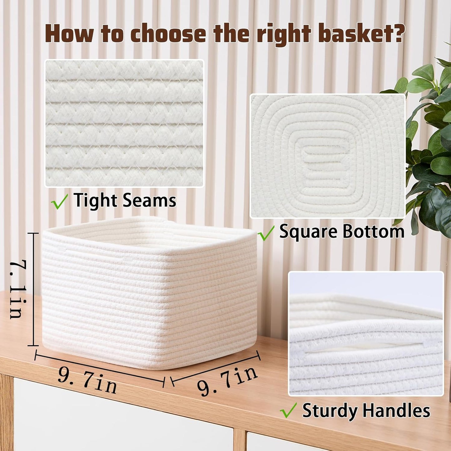 Small Organizing Baskets for Cubes Shelf, 9.7x9.7x7.1 Inch Rope Woven Storage Bins for Nursery Shelves Storage, Cute Toy Basket, Square 3 Packs Off White