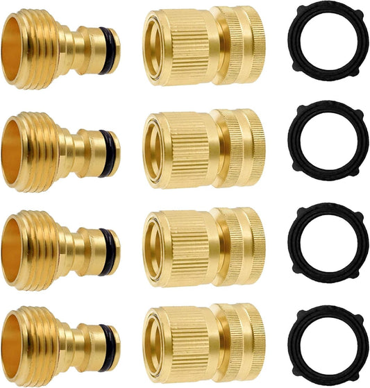 Hourleey Garden Hose Quick Connector, Solid Brass 3/4 Inch GHT Thread Garden Quick Connect Kit, Male and Female No-Leak Water Hose Fittings (4 Set)