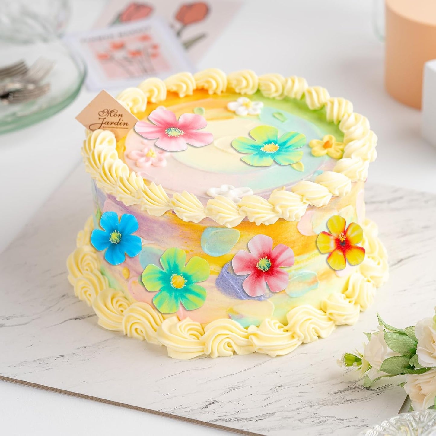 70 Pcs Edible Cupcake Toppers, Wafer Paper Edible Flowers Cake Decorations, Wildflower Cupcake Picks for Wedding Birthday Party Cake Food Decorations Supplies