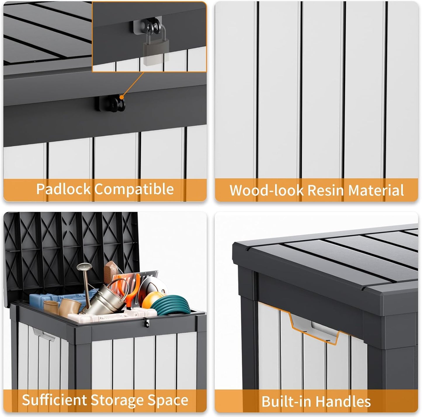 40 Gallon Resin Deck Box, Lockable Patio Outdoor Storage Box for Furniture, Garden Tools and Tools Storage, Waterproof Outside Storage Boxes - Black&White