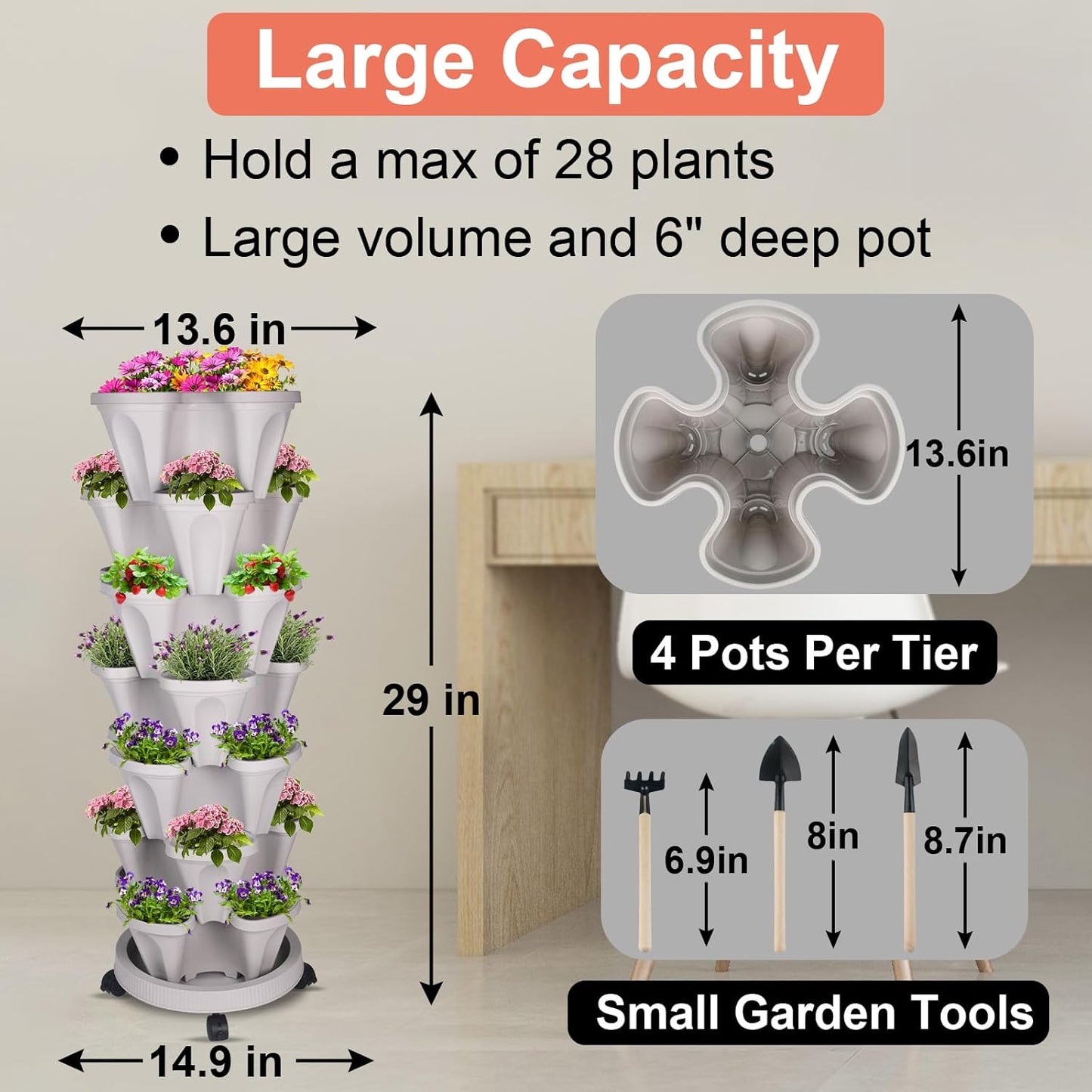 Vertical Planter 7 Tier Stackable Planters Garden Planters Strawberry Herb Flower and Vegetable Planter Indoor Outdoor Gardening Pots with Removable Wheels and Tools 2-Pack