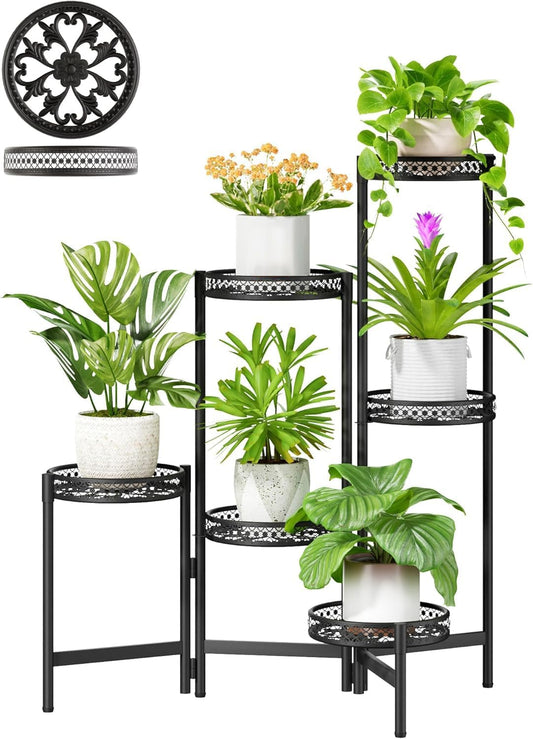6 Tier Metal Plant Stand Indoor Outdoor, Corner Tall Plant Shelf for Multiple Plants, Foldable Heavy Duty Plant Holder, Decoration Flower Stand for Living Room Balcony Patio Garden- BlackWave