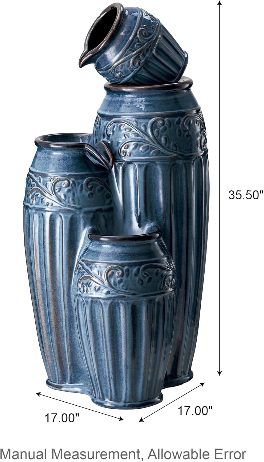 Glitzhome 35.5" H Oversized Outdoor Water Fountain with LED Lights and Pump, 4 Tier Turquoise Embossed Pattern Ceramic Pots Fountains, Cascading Standing Fountain for Porch Deck Garden Patio Backyard