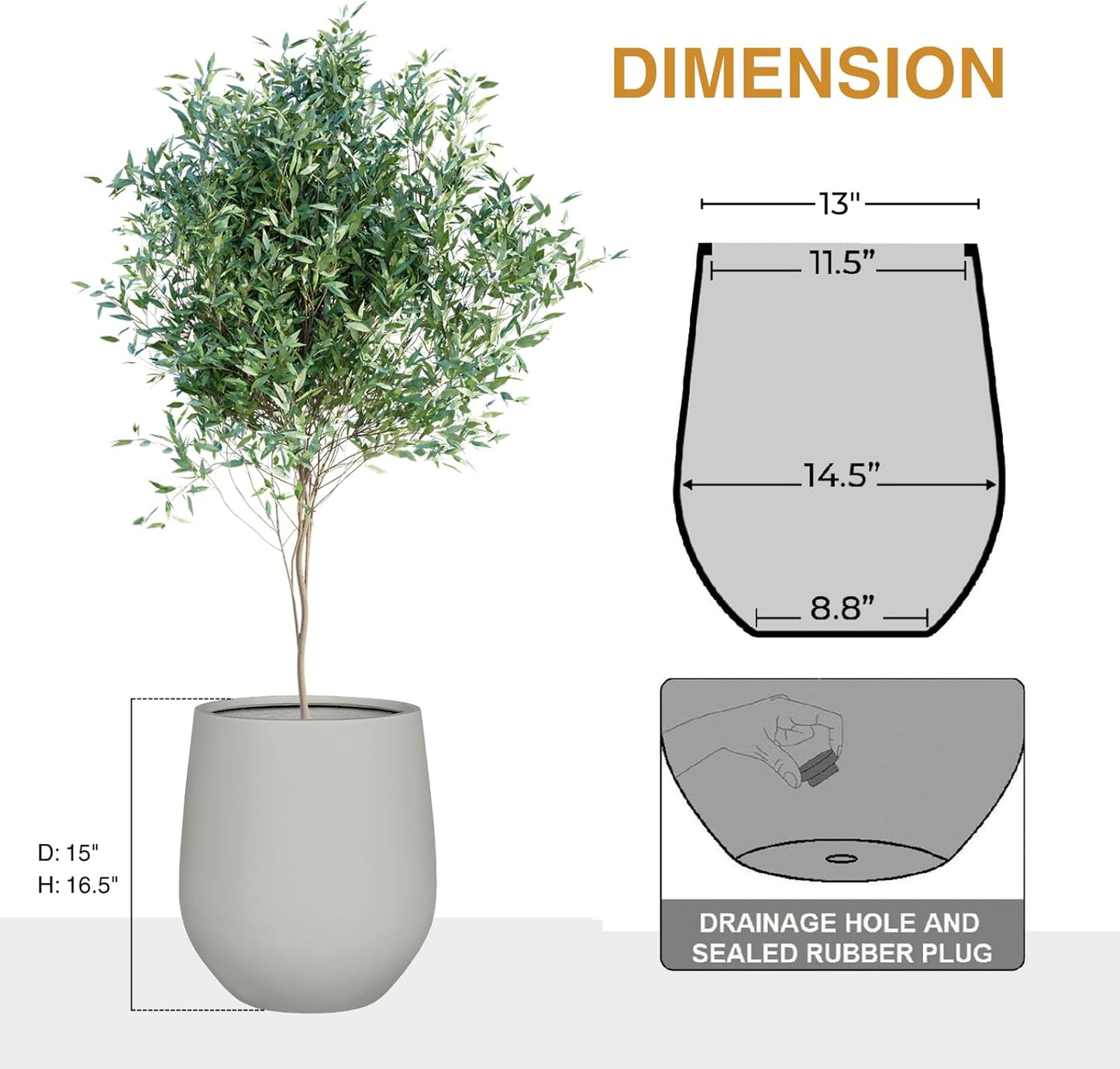 16.5" H x 15" D Corso Fiberstone Round Tapered Planter with Drainage Hole, Smooth Finishes, Weather Resistant for Indoor and Outdoor Use (Light French Gray, 11.5" Pot Opening)