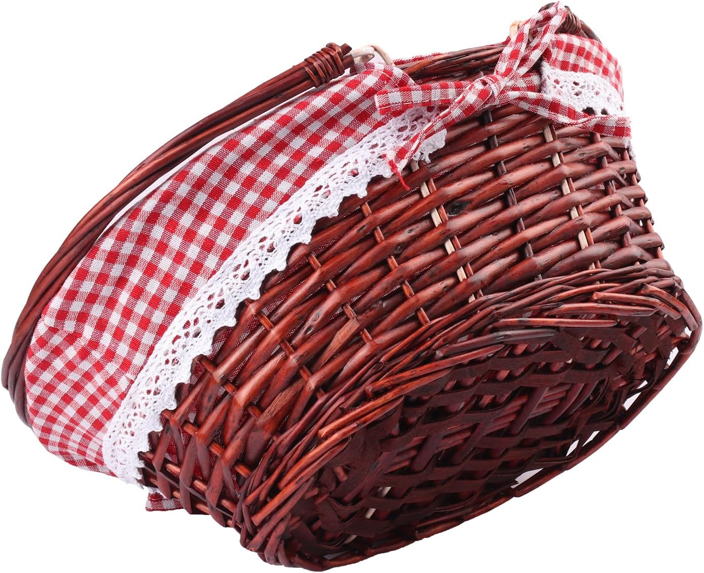 2 Pack 12.6 Inch Brown Wicker Basket with Checkered Lining, Oval Wicker Woven Basket with Handle, Willow Woven Picnic Baskets for Picnic, Camping, Party(Small)