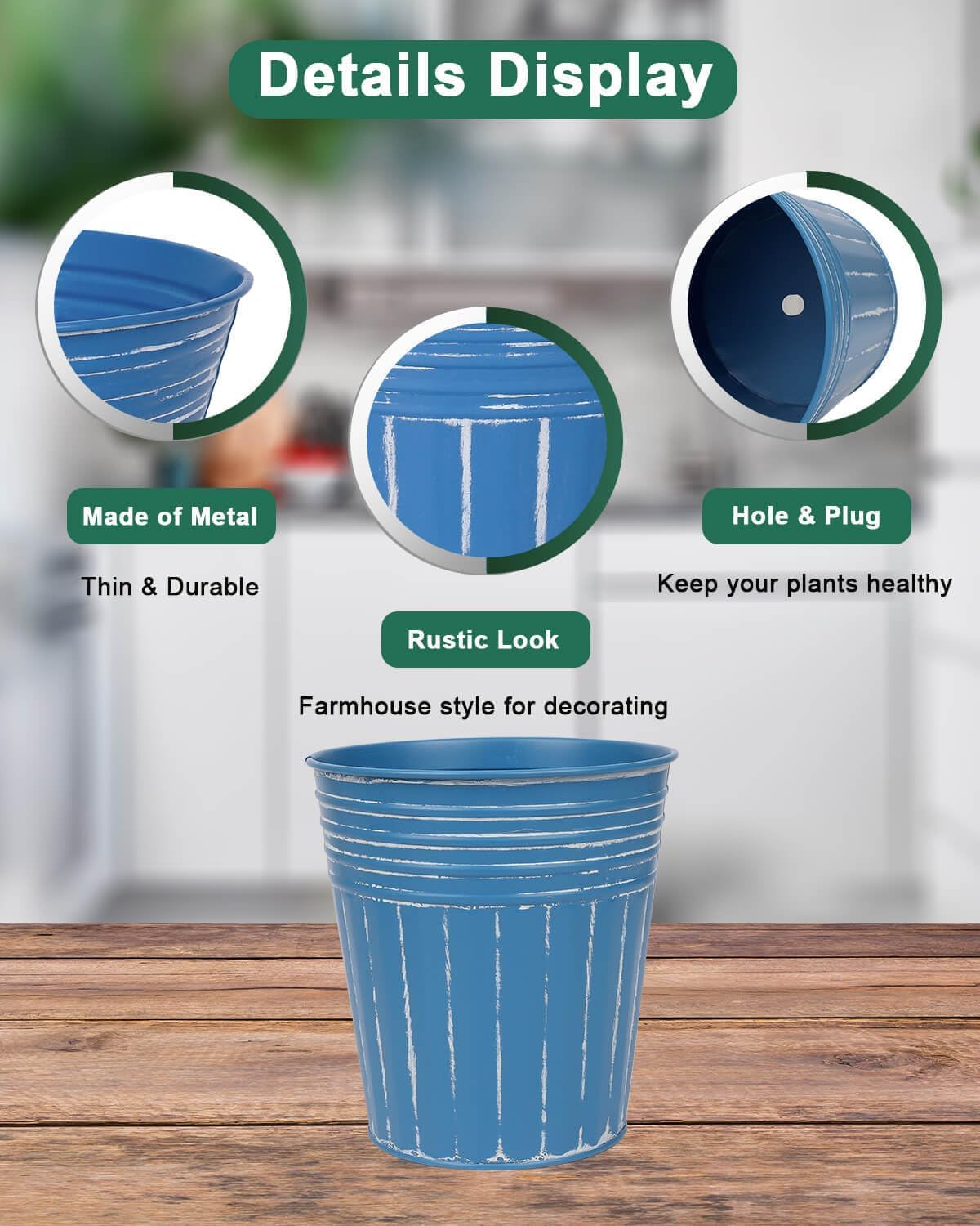 6 Inch Steel Blue Metal Rustic Flower Pots - 6Pcs Galvanized Planters with Drainage Hole and Rubber Plug, Rustproof Metal Bucket Plant Pots Farmhouse Vintage Style for Decor