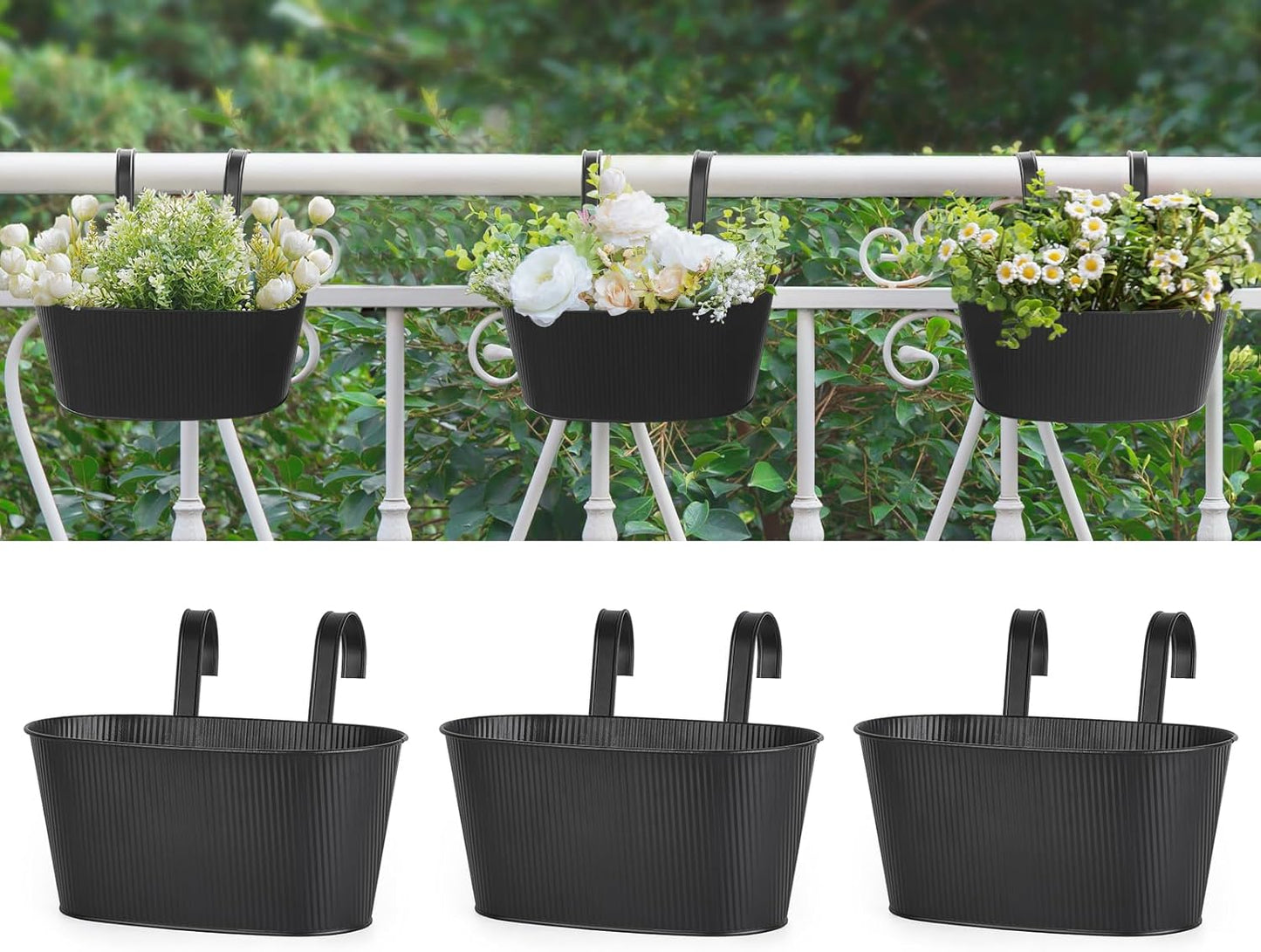 Mkono Metal Railing Planter Box 3 Pack Balcony Hanging Planter for Outdoor Plants with Detachable Hooks and Drain Holes Fence Planters for Any Balcony, Porch or Deck (3, Small)