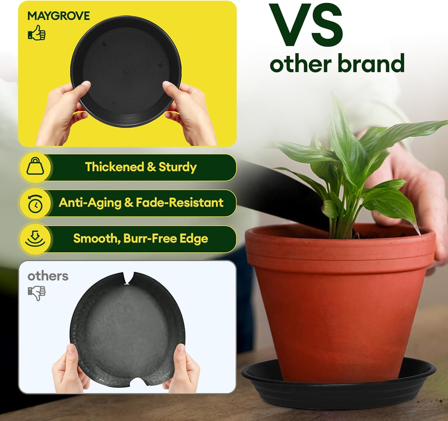 6 Pack Plant Saucer, 8 10 12 inch Plant Saucers for Indoor, Heavy Duty Plastic Plant Trays for pots, Grow Bags, Bird Baths, Flower Drip Trays for Indoor and Outdoor Uses (10", Black)