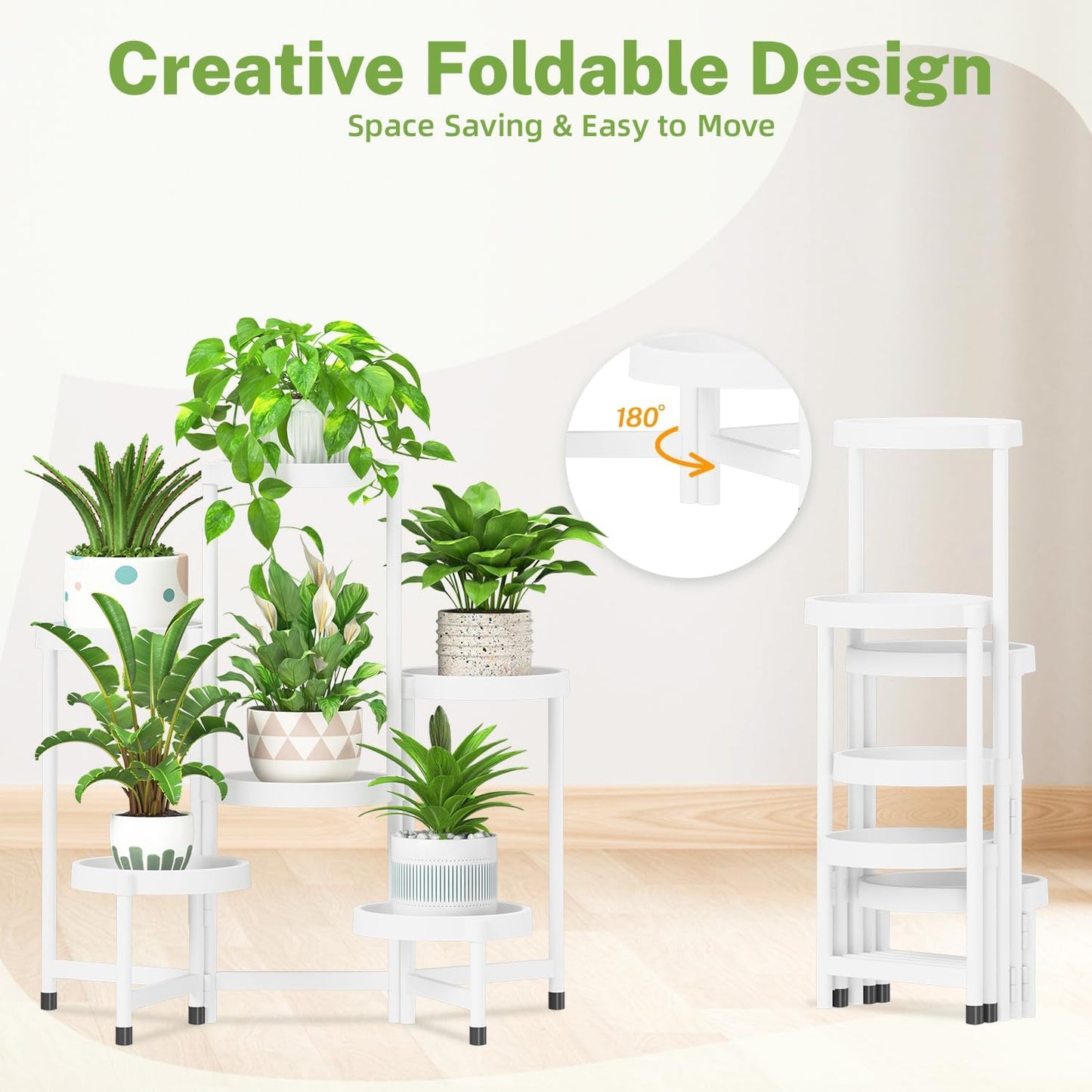iDavosic.ly 6 Tier Folding Plant Stand Indoor Outdoor with Plastic Tray, Tiered Corner Flower Holder Shelf, Metal Orchid Display Rack for Patio Porch Living Room Garden Balcony, White
