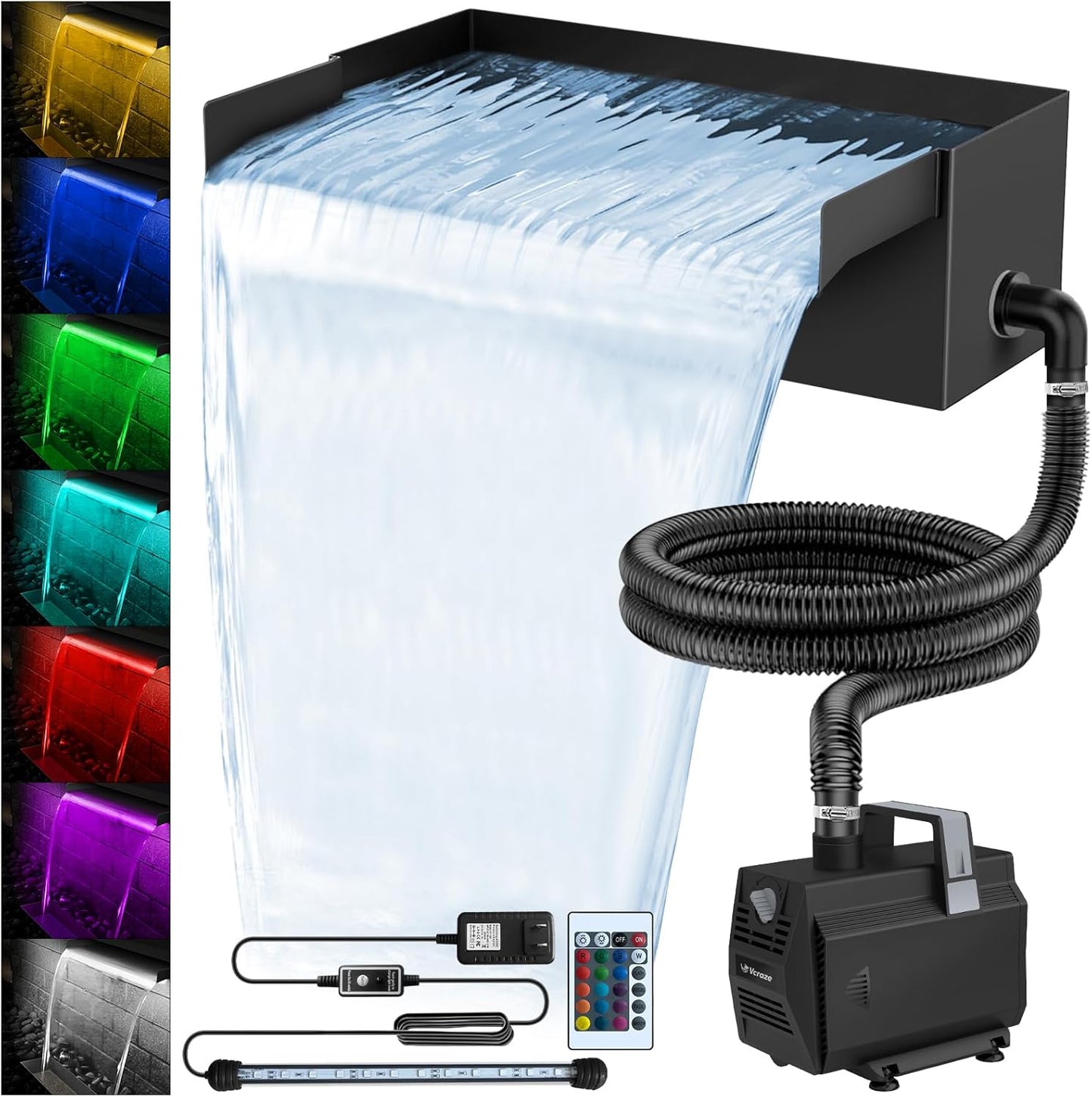 All-in-1 Pond Waterfall Kit with LED Lights, 12 inch Stainless Steel Spillway with 880GPH Water Pump, Outdoor Waterfall Fountain for Water Feature, Garden, Backyard, Pool