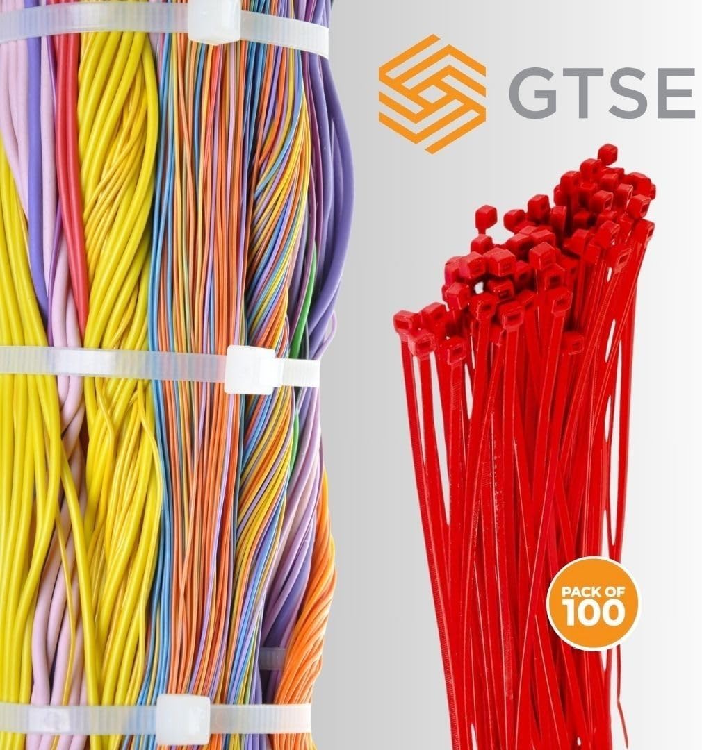 GTSE 8 Inch Red Zip Ties, 100 Pack, 18lb Strength, UV Resistant Strong Nylon Cable Ties, Self-Locking 8" Tie Wraps