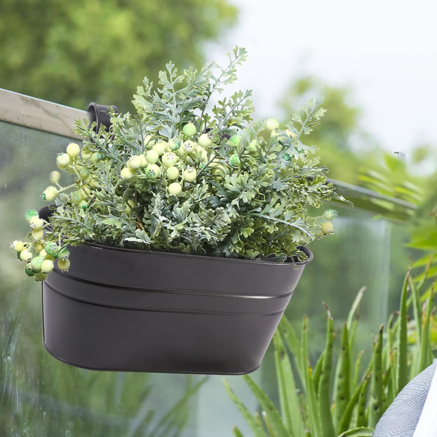 Metal Iron Flower Pots for Railing Fence Hanging Bucket Pots(5 Pcs) and Hanging Flower Pots Metal Iron Bucket Planter(10 Pcs) (Black)