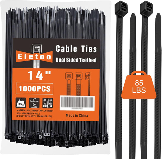 14 inch Black Zip Ties (1000 Pack), 2025 New Patented Design, 85 LBS Tensile Strength, Self-Locking Nylon PA66 UV Resistant Cable Ties for Indoor and Outdoor Use
