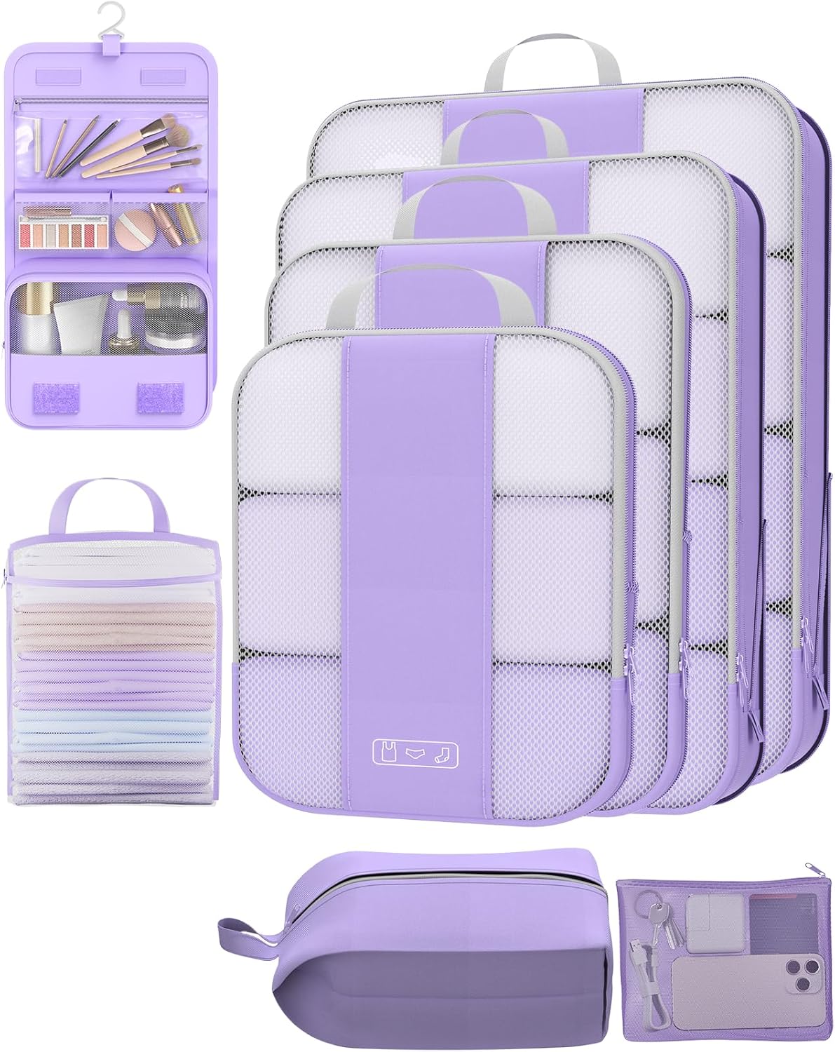 8 Set Compression Packing Cubes for Travel Essentials,Compressible Expandable Packing Cubes for Suitcase,OlarHike Luggage Organizer Bags for Travel,Handy Helper for Organizing Clothes(Light Purple)