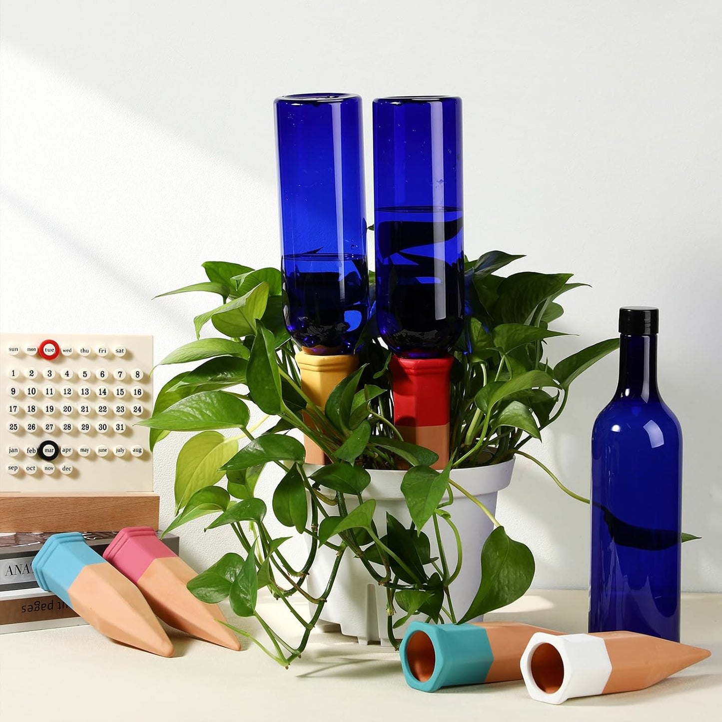 6 Sets Plant Watering Devices Include Terracotta Self Watering Spikes and 26 oz Plastic Bottles, Slow Release Vacation Insert Automatic Plant Waterer Device (Blue and Mixed Color)