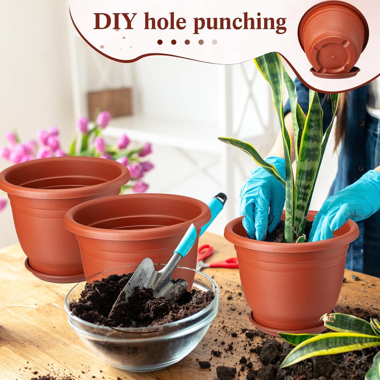 12 Pack 8+'' Plastic Plant Pots Round Planter Pots with Saucer Tray Seedling Pots with Holes Seed Resin Plant Pot Starting Nursery Flower Container with Pallet for Garden Outdoor Indoor