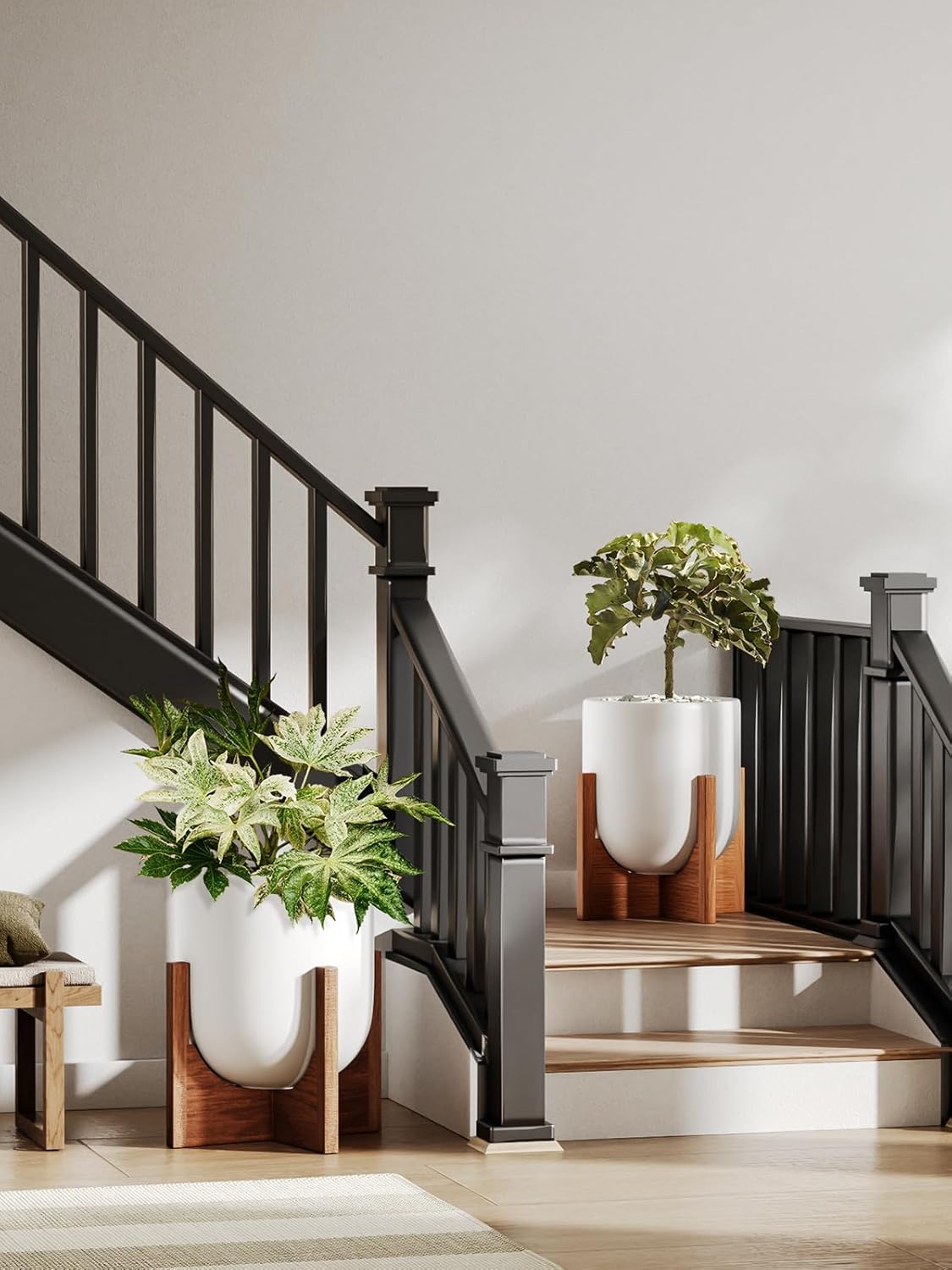 LE TAUCI 12 Inch Pots for Plants with Acacia Wood Stand, Ceramic Large Planters for Indoor Plants, Indoor Plant Pots for Office Living Room, Cylinder Pots for Plants with Drainage Hole and Plug, White