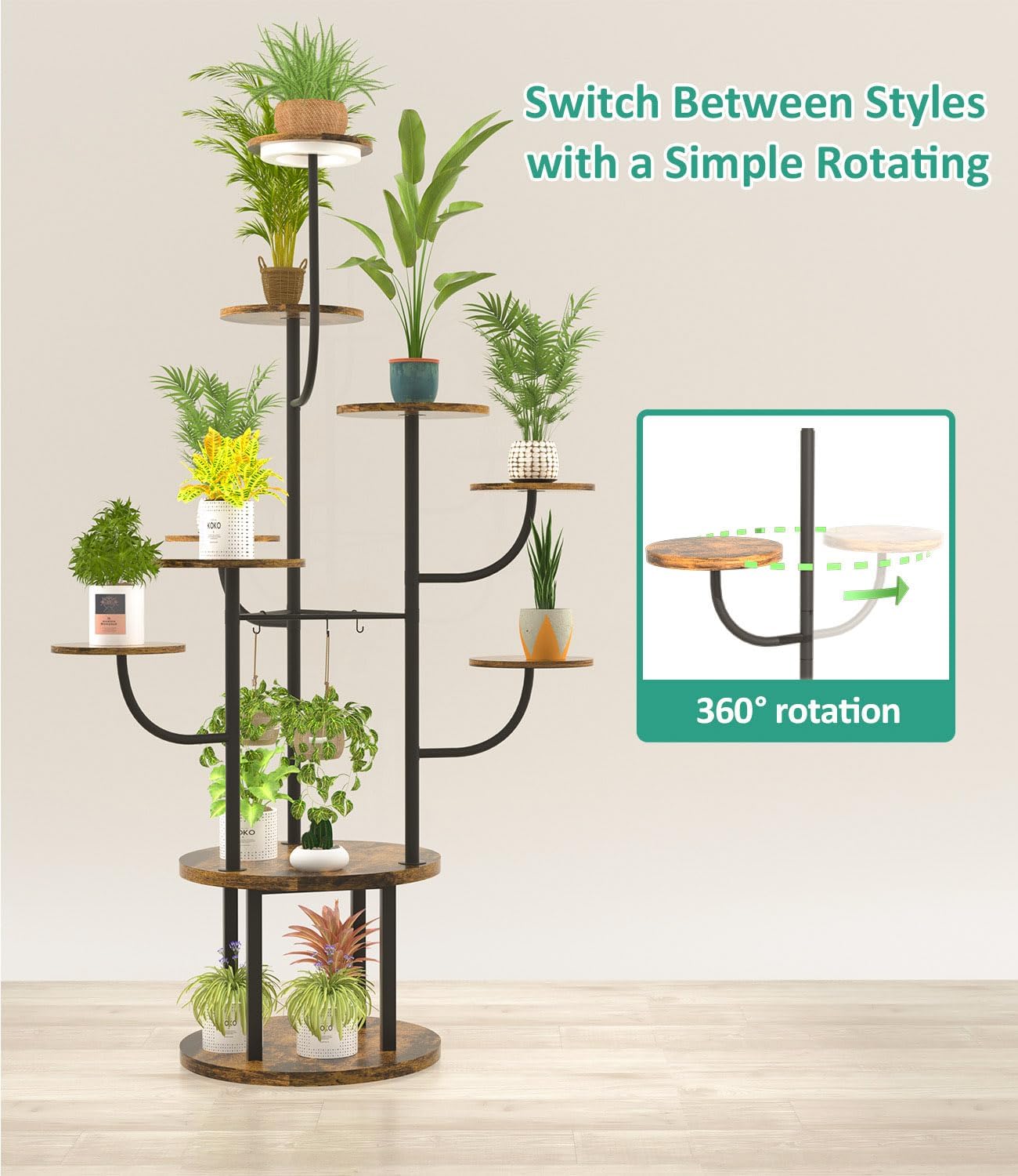 60" Tall Indoor Plant Stand 10 Tiered Adjustable with Grow Light,Metal Rotating Plant Shelf for Multiple Plant Display Indoor, Flower Holder Stand for Living Room,Bedroom,Office,Balcony