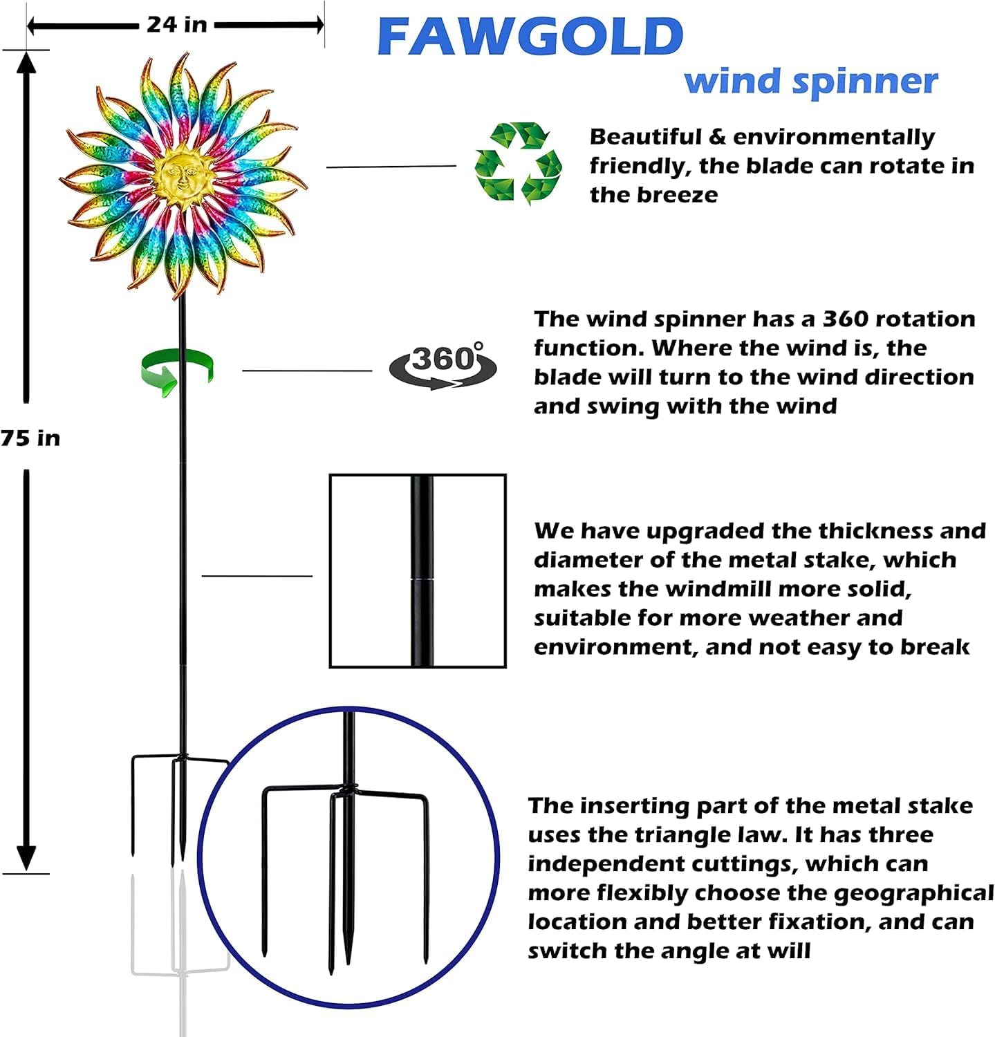 75" Multi-Color Wind Spinners Outdoor Metal Sun Wind Sculptures for Garden, Patio, Yard, Lawn Decorations Double Windmill Spinne