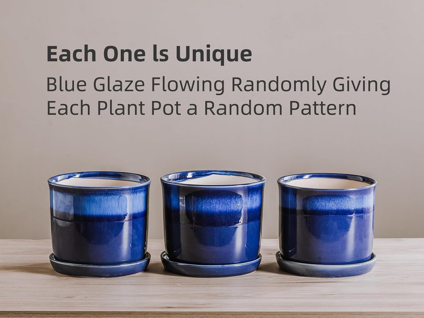 8 Inch Plant Pot: Ceramic Planter with Drainage Hole & Saucer for Indoor Outdoor Plants - Flowerpot with Bonded Tray for Home Office - Blue Reactive Glaze