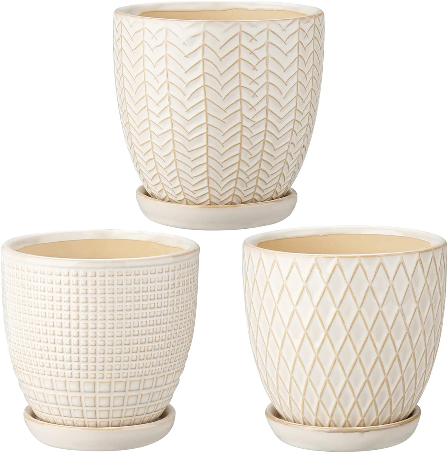 Oairse 4 inches Ceramic Planter Pots 3 Set of Small Round Flower Pots with Drainage Hole and Ceramic Tray for Succulents Cactus Indoor Outdoor Garden Home Windowsill