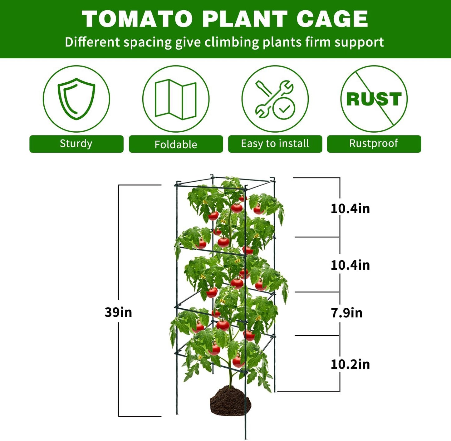 6 Packs Tomato Cages for Garden, 12"×12"×39" Plant Support Cage with Different Spacing, Green Metal Trellis for Climbing Plants Like Cucumber, Flowers