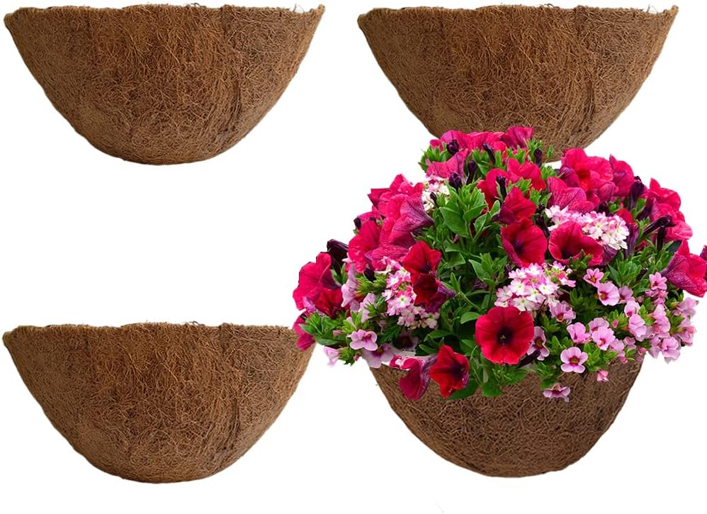4PCS Coco Liner for Hanging Basket 14 Inch Round 100% Natural Planter Liner Replacement Plant Basket Liners Coco Fiber Liner for Garden Planters Coconut Coir Liner Flower Pot for Hanging Basket