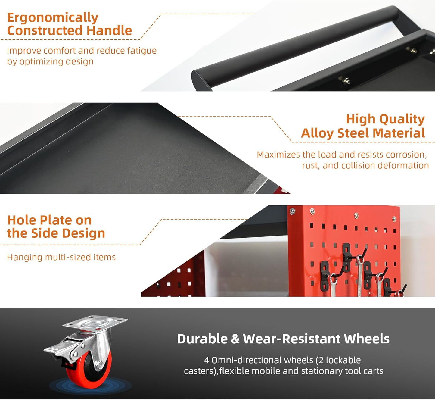 3 Tier Rolling Tool Cart on Wheels, 660LBS Load Capacity Heavy Duty Utility with Pegboard for Repair Shop, Garage, Warehouse, Workshop