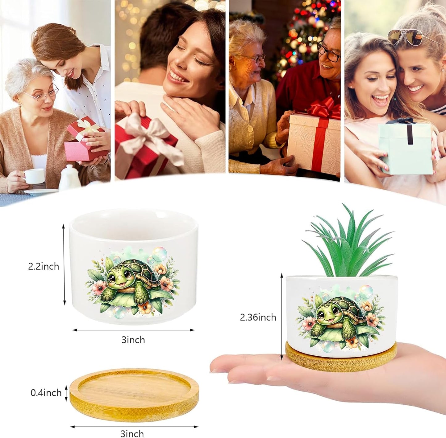 Turtle Succulent Pots 3 Pack, 3 Inch Succulent Planters with Drainage and Bamboo Tray, Turtle Gifts for Women, Ceramic Small Pots for Baby Plants, Cactus, Herbs- Plants Not Included