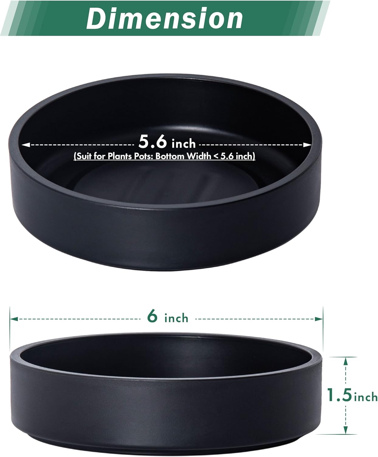 Phoenix Vine 6 Inch Plastic Plant Saucer Water Drip Tray, Heavy Sturdy Round Plant Drainage Tray for Indoors Outdoor, Set of 2, Matte Black, 21-TY-6B-2