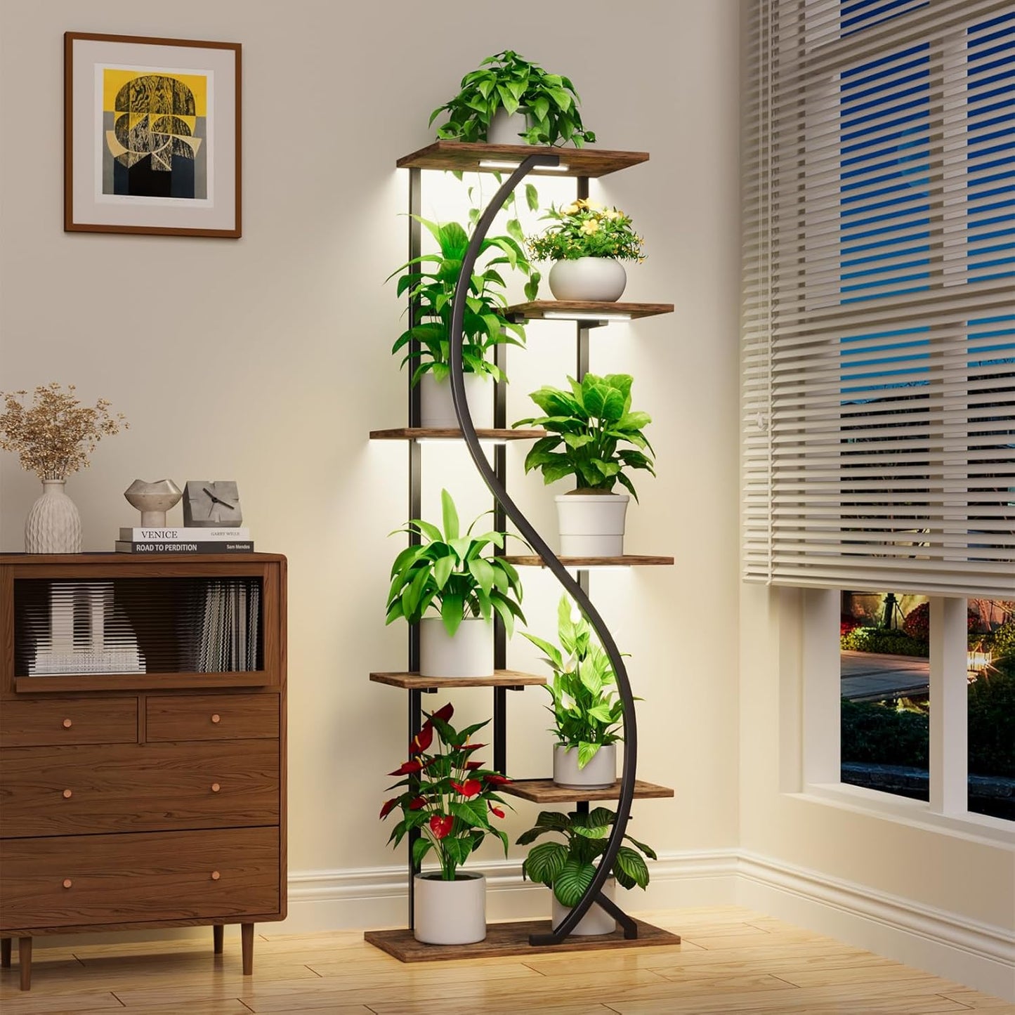 59" Tall Plant Stand with Grow Light Indoor, 7 Tiered Metal Plant Shelf, S-Shaped Flower Display Stand, Corner Storage Shelf for Living Room, Patio, Balcony Decor
