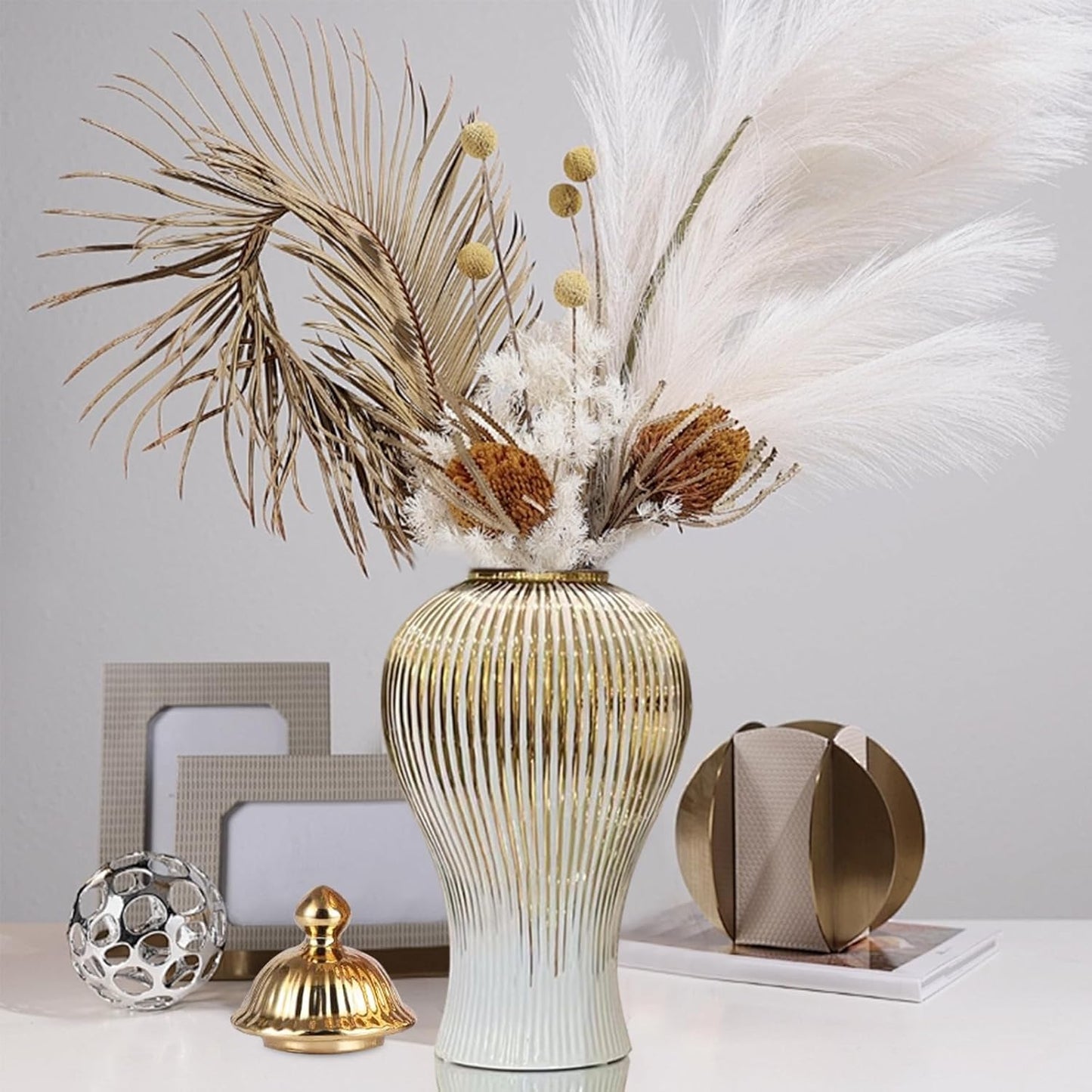 Ginger Jar, White Gold Ceramic Vase Large Handmade Porcelain Vases with Lid, White Gold Decorative Flower Vase for Home, Living Room, Weddings, Centerpieces (B-Large)