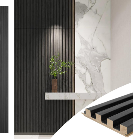 Art3d Slat Wood Wall Paneling for Interior and Ceiling Decoration - Pack of 4pcs + 1pc End-Trim, Size 108 x 5.7in.- Black