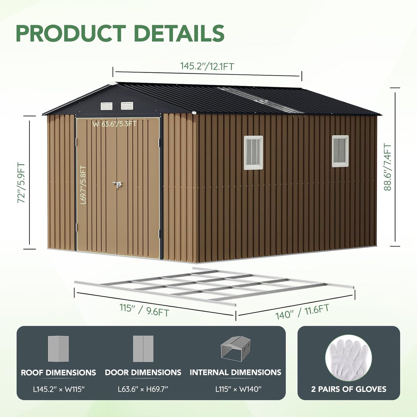 10X12X7.5 FT Outdoor Steel Storage Shed with Lockable Doors, 2 Windows, Transparent Roof Panels, Metal Frame Floor (Wood Panels Not Included), Ideal for Backyard, Patio Storage,Chicken Coop，Brown