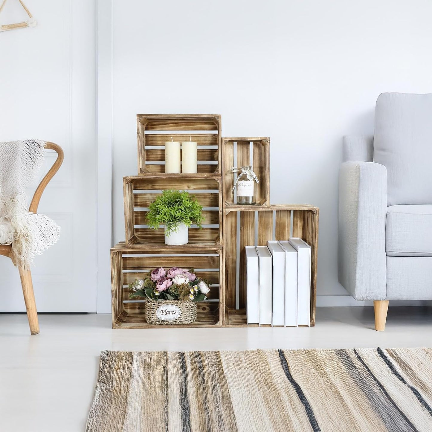 Set of 5 Large Wooden Crates, Nesting Storage Crate with Handles, Rustic Torched Brown Farmhouse Wooden Crates for Display, Wedding Birthday Home Party Living Room Kitchen Decoration